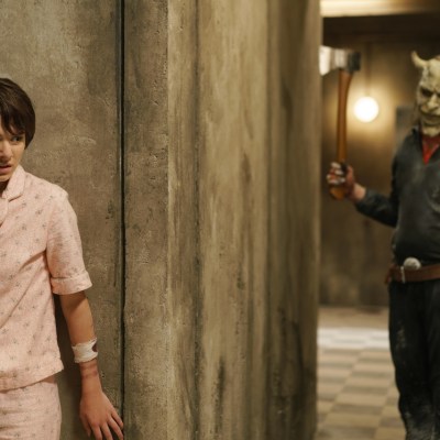 (from left) Gwen (Madeleine McGraw) and The Grabber (Ethan Hawke) in Black Phone 2, directed by Scott Derrickson.