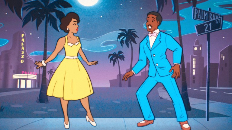 A cartoon woman in a yellow dress and a cartoon man in a blue suit from Doctor Who episode "Lux"