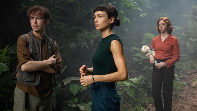 FX's Alien: Earth -- "Emergence" -- Season 1, Episode 7 (Airs Tues, Sept 16) -- Pictured: Alex Lawther as Hermit, Sydney Chandler as Wendy, Lily Newmark as Nibs.