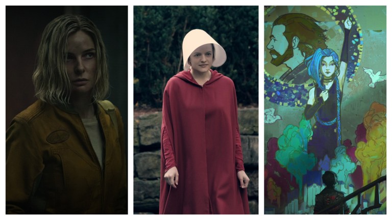 Juliette Nichols (Rebecca Ferguson) in Silo, June (Elisabeth Moss) in The Handmaid's Tale, and a mural of Jinx from Arcane