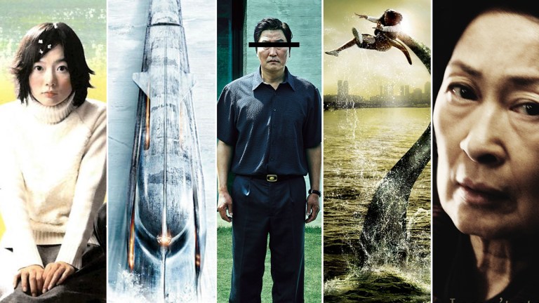 Cropped details from the movie posters for Bong Joon-ho's Barking Dogs Never Bite/Snowpiercer/Parasite/The Host/Mother