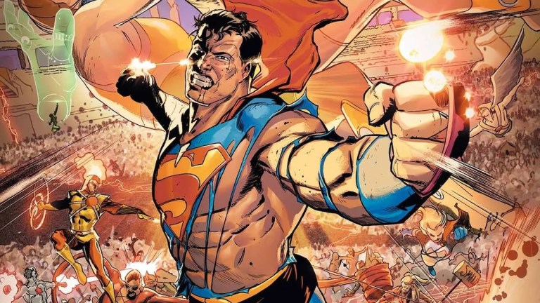 An injured and tattered Superman prepares a punch on the cover of DC KO #1.