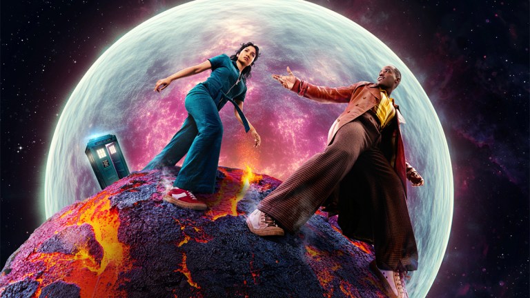Varada Sethu and Ncuti Gatwa astride an alien planet with a moon behind them in the Doctor Who season 2 poster