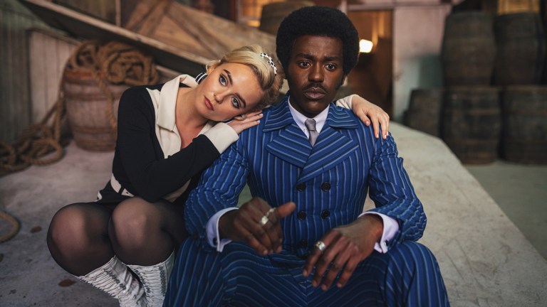 Millie Gibson and Ncuti Gatwa in 1960s costume for Doctor Who episode "The Devil's Chord"