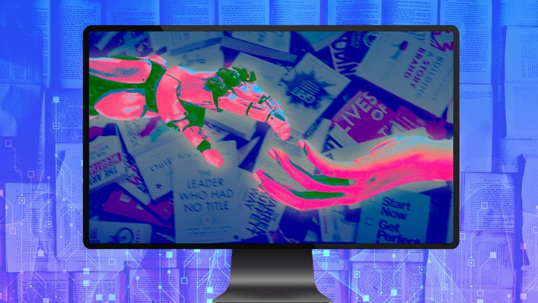 An image of a robot hand reaching out to a human hand overlaid atop book covers.