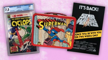 An X-Men comic, a Superman lunchbox, and a Star Wars poster.