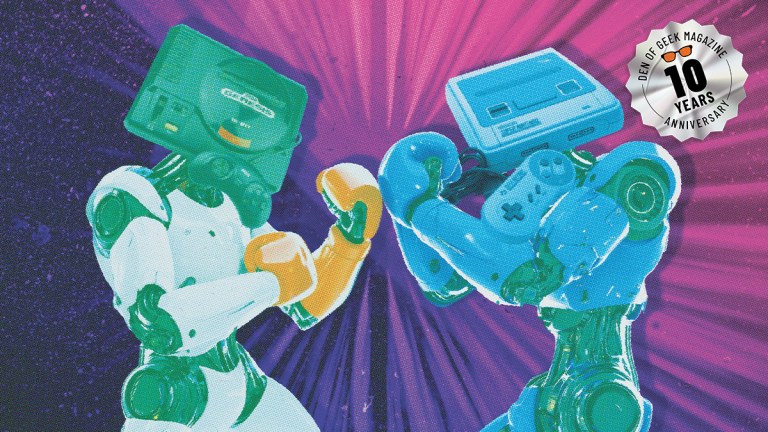 A depiction of two gaming console robots about to box.