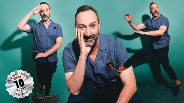 A series of photos of Tony Hale in Den of Geek Studio at San Diego Comic-Con 2025