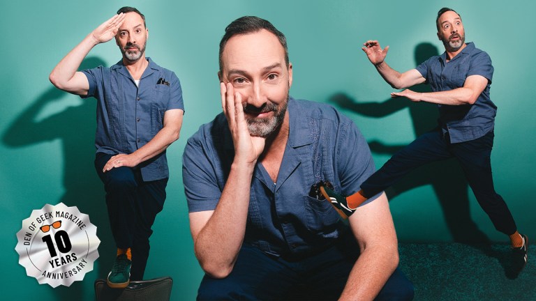 A series of photos of Tony Hale in Den of Geek Studio at San Diego Comic-Con 2025