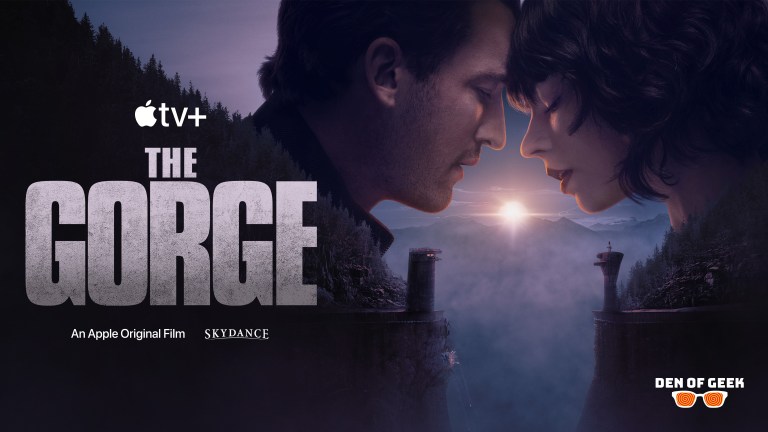 Miles Teller and Anya Taylor Joy touching foreheads on the poster for Apple TV+ film The Gorge
