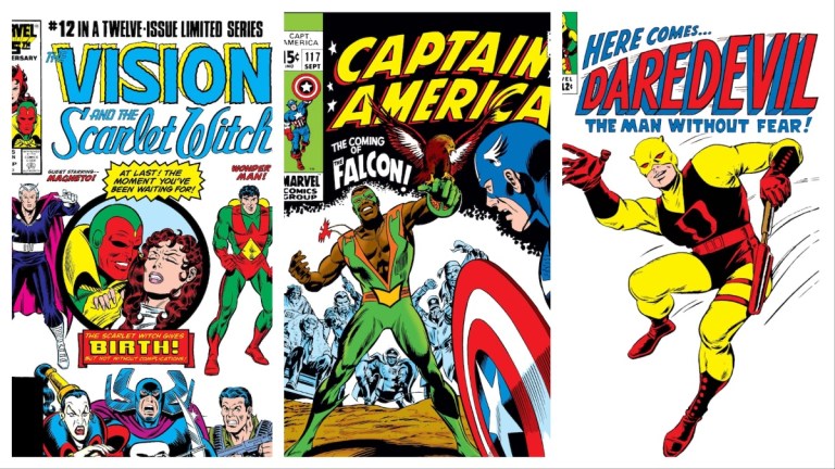 The covers of several Marvel comics including Vision & Scarlet Witch, Captain America, and Daredevil.