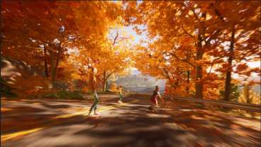 Image from the game Mixtape featuring teenage characters on skateboarding down the street on a fall day.
