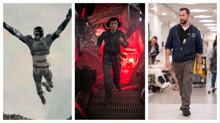 A composite image of the series Murderbot, Alien: Earth, and The Pitt