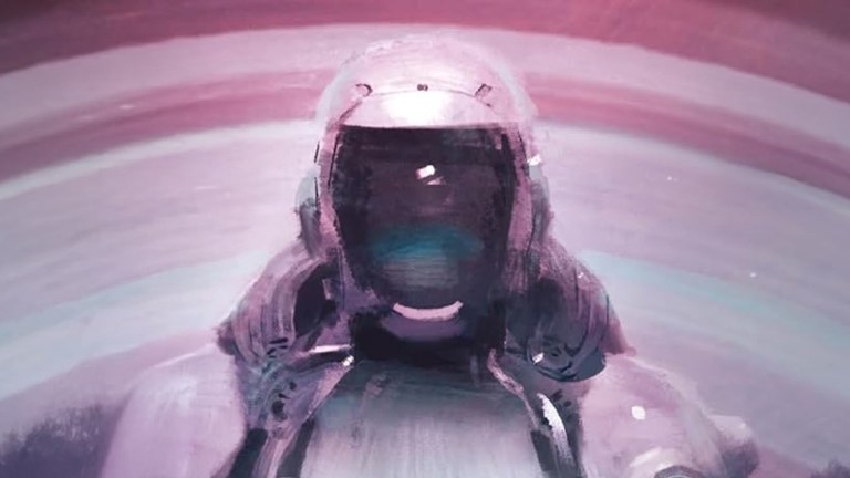 An illustration of a robot with white casing and a black visor taken from the cover of Martha Wells' The Murderbot Diaries Vol 1