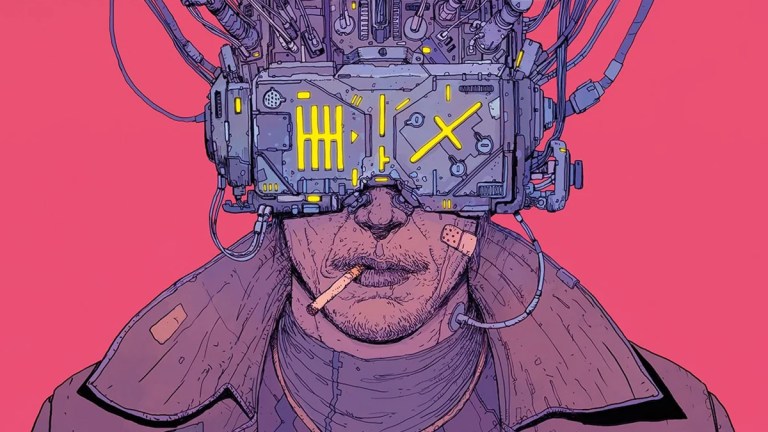 A pink and purple illustration of a man with a VR headset on, smoking a cigarette