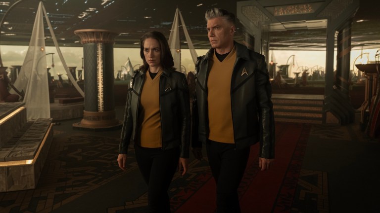Melanie Scrofano as Batel and Anson Mount as Capt. Pike in season 3, Episode 10 of Strange New Worlds streaming on Paramount+. Photo Credit: Marni Grossman/Paramount+