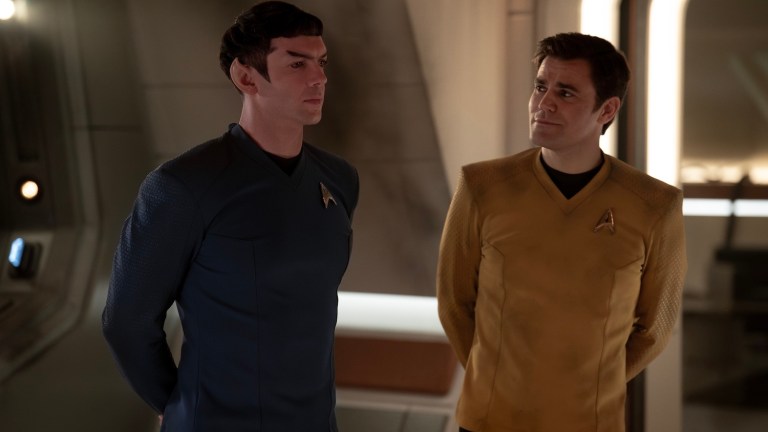 L to R Ethan Peck as Spock and Paul Wesley as Kirk in season 3 , Episode 6 of Strange New Worlds streaming on Paramount+. Photo Credit: Marni GrossmanParamount+