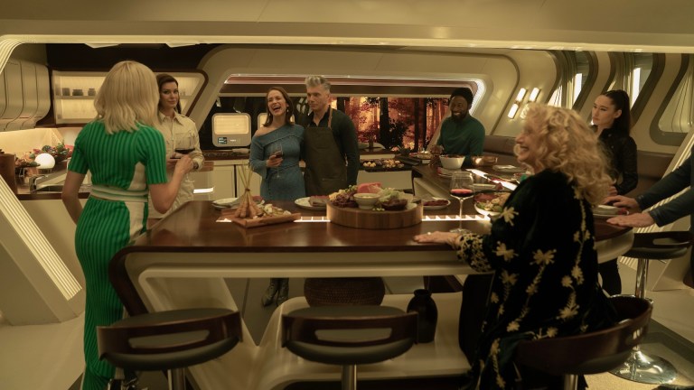 Jess Bush as Chapel, Rebecca Romijn as Una, Melanie Scrofano as Batel, Anson Mount as Capt. Pike, Babs Olusanmokun as MíBenga, Carol Kane as Celia and Christina Chong as Laían in season 3, Episode 10 of Strange New Worlds streaming on Paramount+. Photo Credit: Marni Grossman/Paramount+