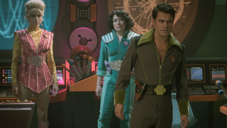 L to R Jess Bush as Chapel, Melissa Navia as Erica Ortegas and Paul Wesley as Kirk in season 3 , Episode 4 of Strange New Worlds streaming on Paramount+.