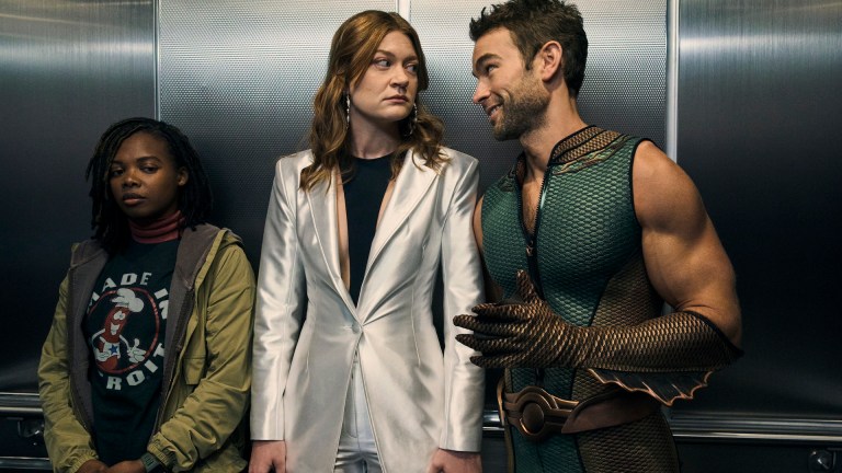 Sister Sage (Susan Heyward), Ashley Barrett (Colby Minifie), and The Deep (Chace Crawford) on The Boys season 4