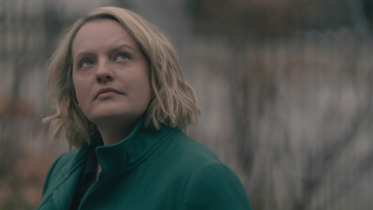 Elisabeth Moss with mid-length blonde hair and a green coat in The Handmaid's Tale season 6 finale