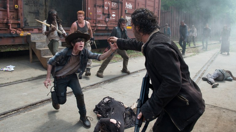 Danai Gurira as Michonne, Michael Cudlitz as Abraham, Norman Reedus as Daryl Dixon, Chandler Riggs as Carl Grimes and Andrew Lincoln as Rick Grimes - The Walking Dead _ Season 5, Episode 1