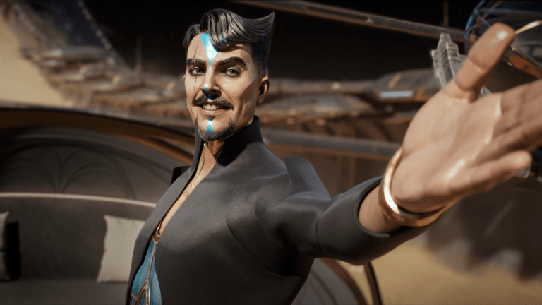 An animated man extended his arm out and smiling in season 4 episode of Love, Death + Robots "The Screaming of the Tyrannosaur"