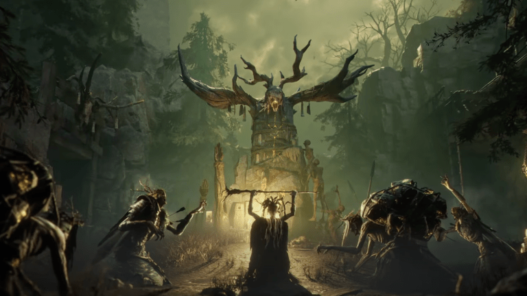 A screen grab from the game Mistfall Hunter featuring creatures bowing before some skeletal relic.