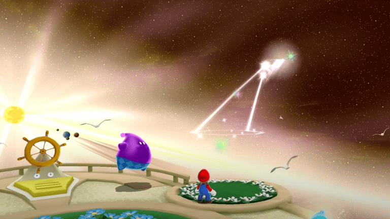 Mario overlooking the sunset on a boat in Super Mario Galaxy.