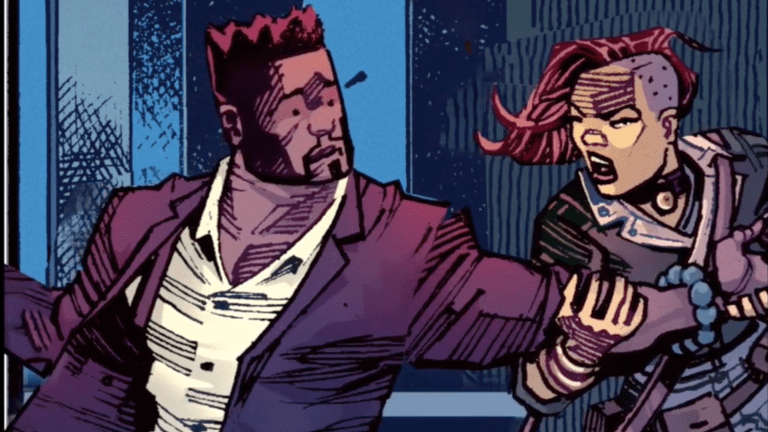 An image from the comic book "Time Sensitive" featuring the main character and his teenage sidekick.